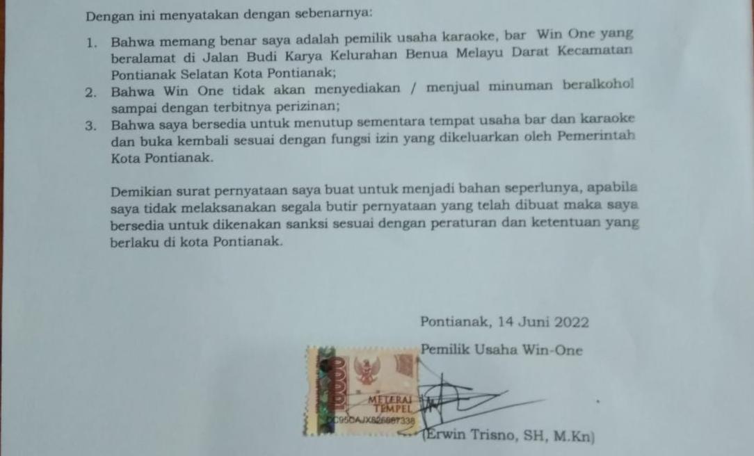 Surat Pernyataan yang dibuat Pemilik Win One, Erwin Trisno pada 14 Juni 2022. 