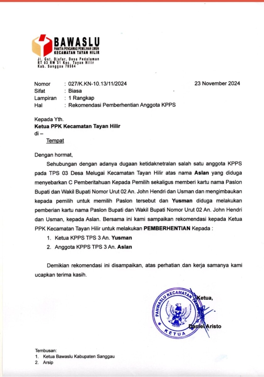 Surat Rekomendasi Pemberhentian Anggota KPPS yang ditandatangani Daniel Aristo.