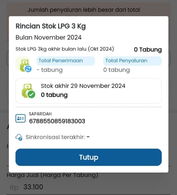 Rincian stok LPG 3 Kilogram pangkalan saparidah bulan November 2024. Foto (sistem Pertamina)