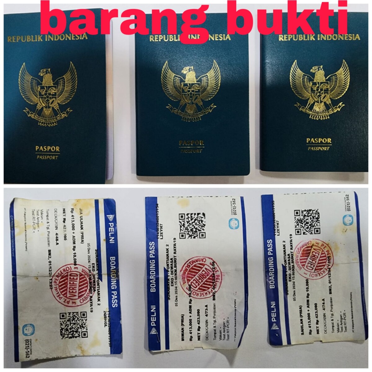 Barang bukti tiga paspor milik tiga calon TKI yang akan bekerja di Malaysia secara ilegal berhasil diamankan Satreskrim Polresta Pontianak. Di mana dalam kasus ini kepolisian menetapkan dua orang tersangka, salah satunya adalah seorang pensiunan TNI. FOTO: Istimewa