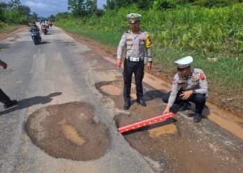 Kondisi jalan berlubang di ruas Jalan Trans Kalimantan, tepatnya di KM 36 hingga KM 41 Desa Teluk Bakung, Kubu Raya, Kalimantan Barat, memerlukan perhatian serius.