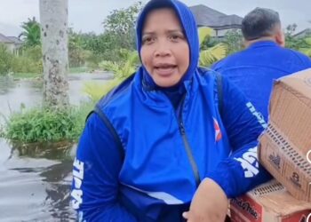 Anggota DPRD Kalbar yang juga Ketua Fraksi Partai Demokrat di DPRD Kalbar, Ermin Elviani menyerahkan bantuan untuk masyarakat terdampak banjir di Kabupaten Mempawah