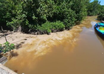 Kondisi sungai kecamatan Sukadana yang tercemar akibat limbah tambang pasir ilegal di desa pangkalan buton. Foto (warga)