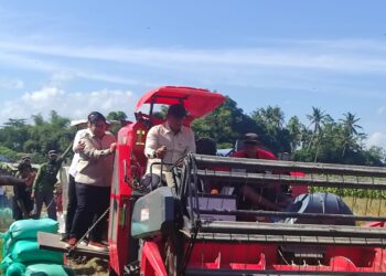 Wamentan RI Sudaryono mengendarai mesin panen padi saat di Jember (foto: Sigit Priyono/Jurnalis.co.id)