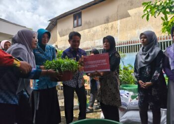 Wakil Wali Kota Pontianak Bahasan menyerahkan secara simbolis bantuan paket Budidaya Ikan dalam Ember kepada perwakilan Posyandu.
