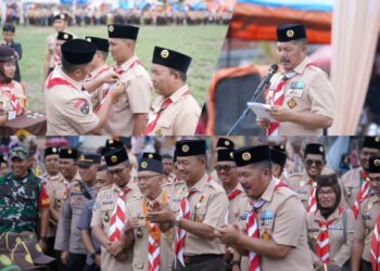 Bupati Kerinci Monadi memimpin langsung upacara pembukaan Jambore Pramuka Kwartir Ranting Siulak dan Siulak Mukai di Lapangan TriDes Tebing Tinggi, Sabtu (20/9/2025).