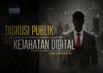 Aliansi Wartawan Kota (AWAK) Pontianak menggelar Diskusi Publik bertajuk “Kejahatan Digital: Waspada Jadi Korban Phishing dan Scamming”, Kamis (13/11/2025), di Aula Rumah Dinas Wakil Wali Kota Pontianak.