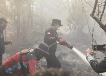 Bupati Kubu Raya Sujiwo turun langsung berjibaku memadamkan api bersama tim gabungan, Kamis (22/1/2026).