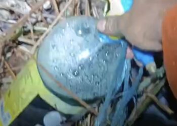 Petugas menemukan botol berisikan bensin saat berada di lokasi kebakaran lahan di Jalan Parit H Husin II Pontianak Tenggara.