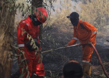 Petugas BPDB Kota Pontianak dan relawan berjibaku memadamkan api di lokasi lahan yang terbakar.