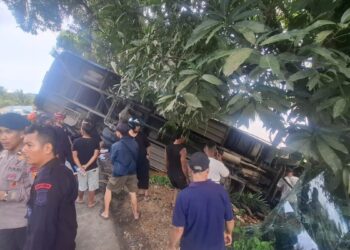 Bus Damri Nopol KB 7710 S mengalami kecelakaan tunggal di Kabupaten Sanggau, Minggu, 5 April 2026. Foto : Darmansyah Dalimunthe