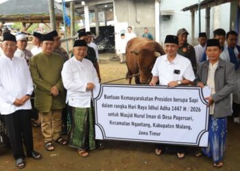 Bupati Malang, Sanusi, menyerahkan sapi kurban dari Presiden Prabowo untuk warga Ngantang, Rabu, 27 Mei 2026.