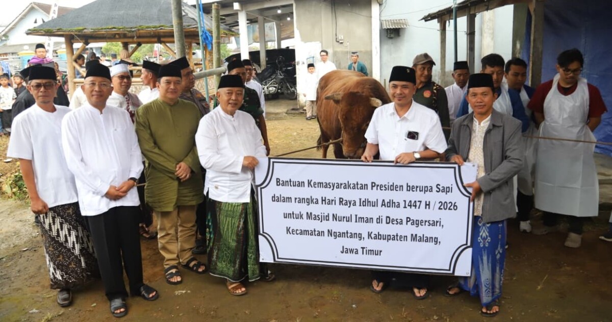 Bupati Malang, Sanusi, menyerahkan sapi kurban dari Presiden Prabowo untuk warga Ngantang, Rabu, 27 Mei 2026.
