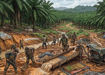 Ilustrasi PETI di konsensi perkebunan kelapa sawit PT Nova Anugerah Abadi. Foto diolah menggunakan Ai