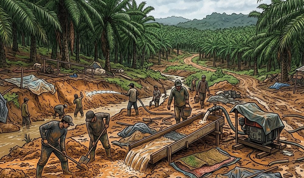 Ilustrasi PETI di konsensi perkebunan kelapa sawit PT Nova Anugerah Abadi. Foto diolah menggunakan Ai