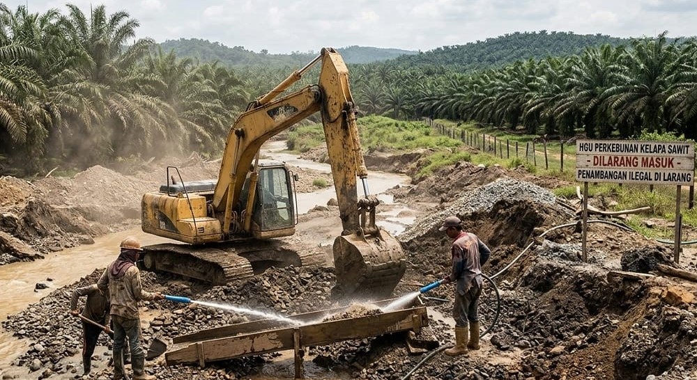 Ilustrasi aktivitas PETI di area konsensi perusahaan perkebunan kelapa sawit. Foto diolah dari Ai