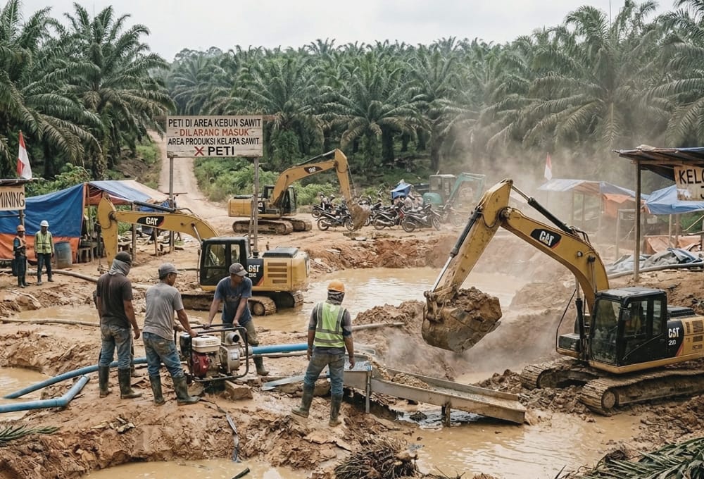 Ilustrasi aktivitas PETI di lahan HGU milik PT Nova Anugrah Abadi. Perusahaan perkebunan kelapa sawit di Ketapang. Foto diolah dari Ai