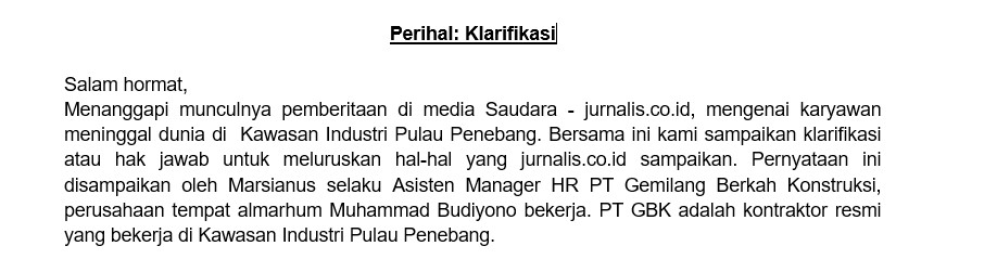 Klarifikasi PT Dharma Inti Bersama