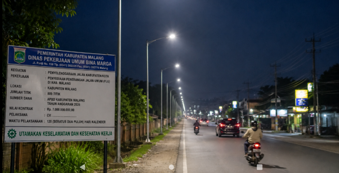 Pemerintah Kabupaten Malang melalui Dinas Pekerjaan Umum Bina Marga (DPUBM) membangun 809 titik Penerangan Jalan Umum (PJU) pada 2026.
