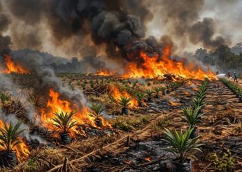 Ilustrasi kebakaran lahan dalam HGU perkebunan kelapa sawit. Foto: AI.