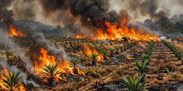 Ilustrasi kebakaran lahan dalam HGU perkebunan kelapa sawit. Foto: AI.