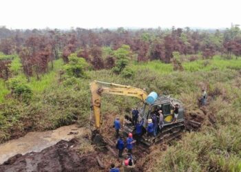 Tim Gabungan Kemenhut saat menyita eskavator dan dua pelaku di Muara Pawan, Ketapang. Foto: Ist.